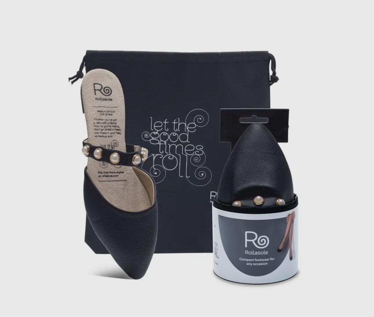 The Lola Black Roll-up Flat with Pearl Strap