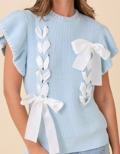 Boutique Ribbon Bow Sweater in Light Blue