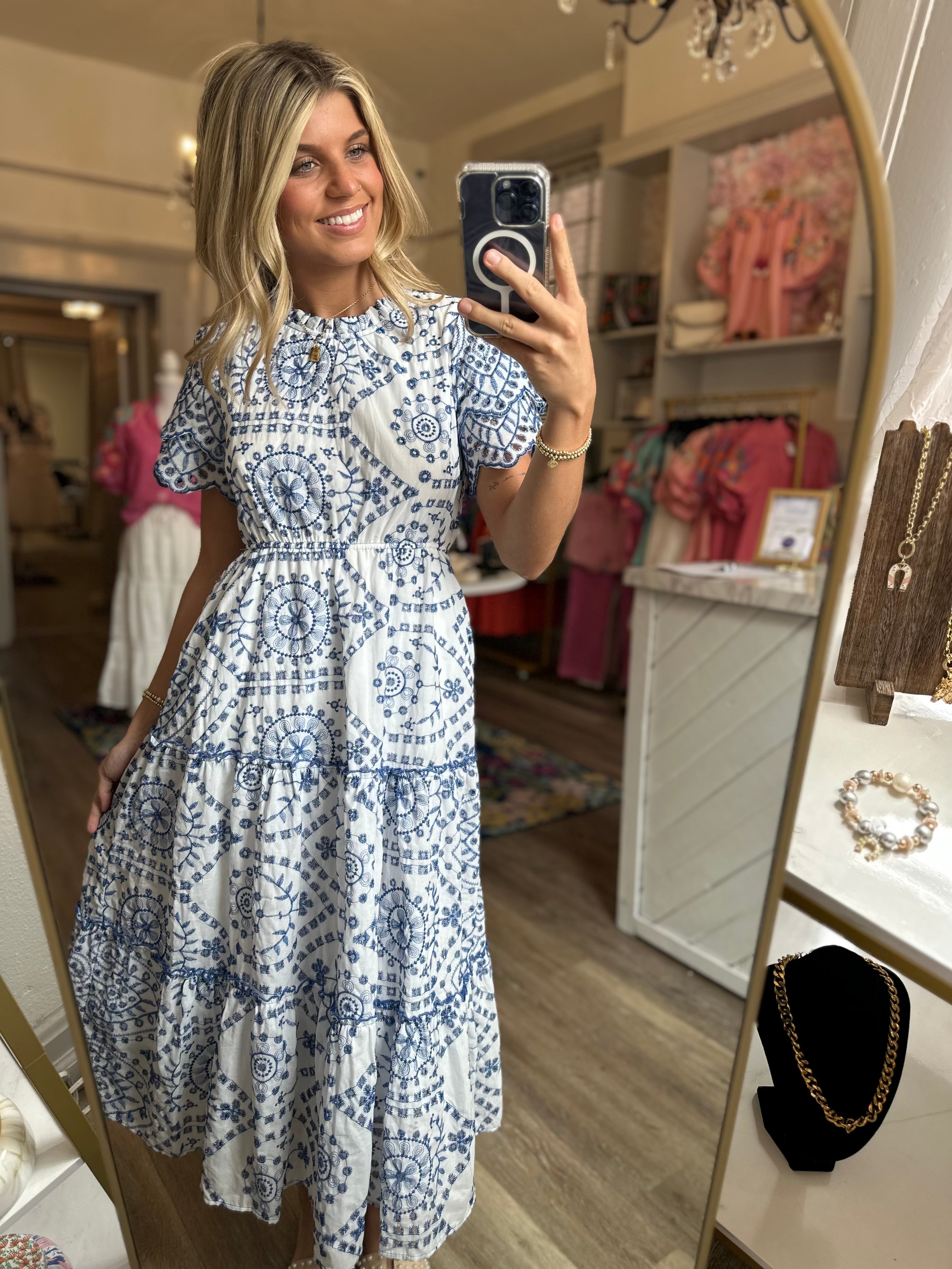 Kenzie Blue And White Eyelet Dress