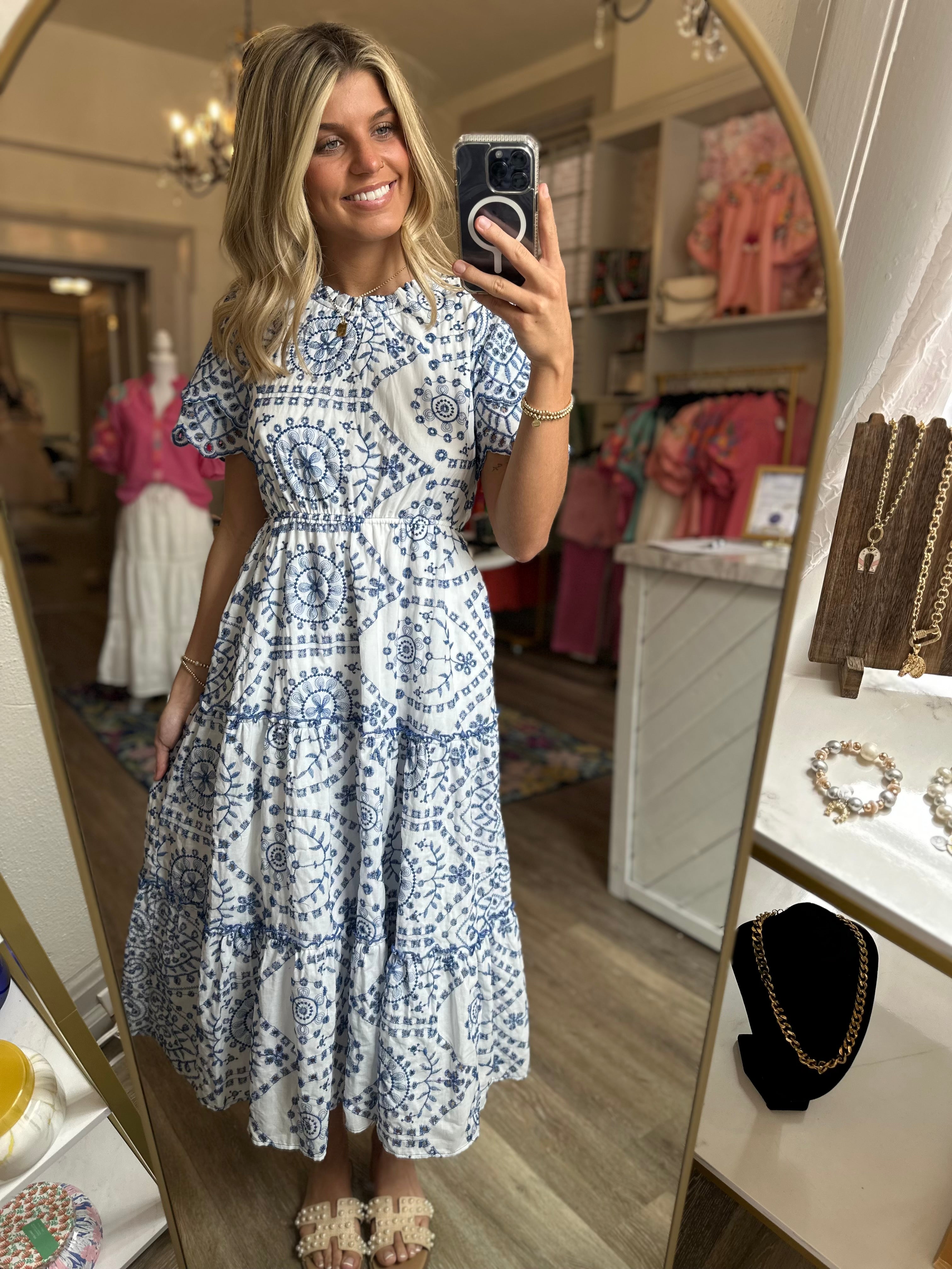 Kenzie Blue And White Eyelet Dress