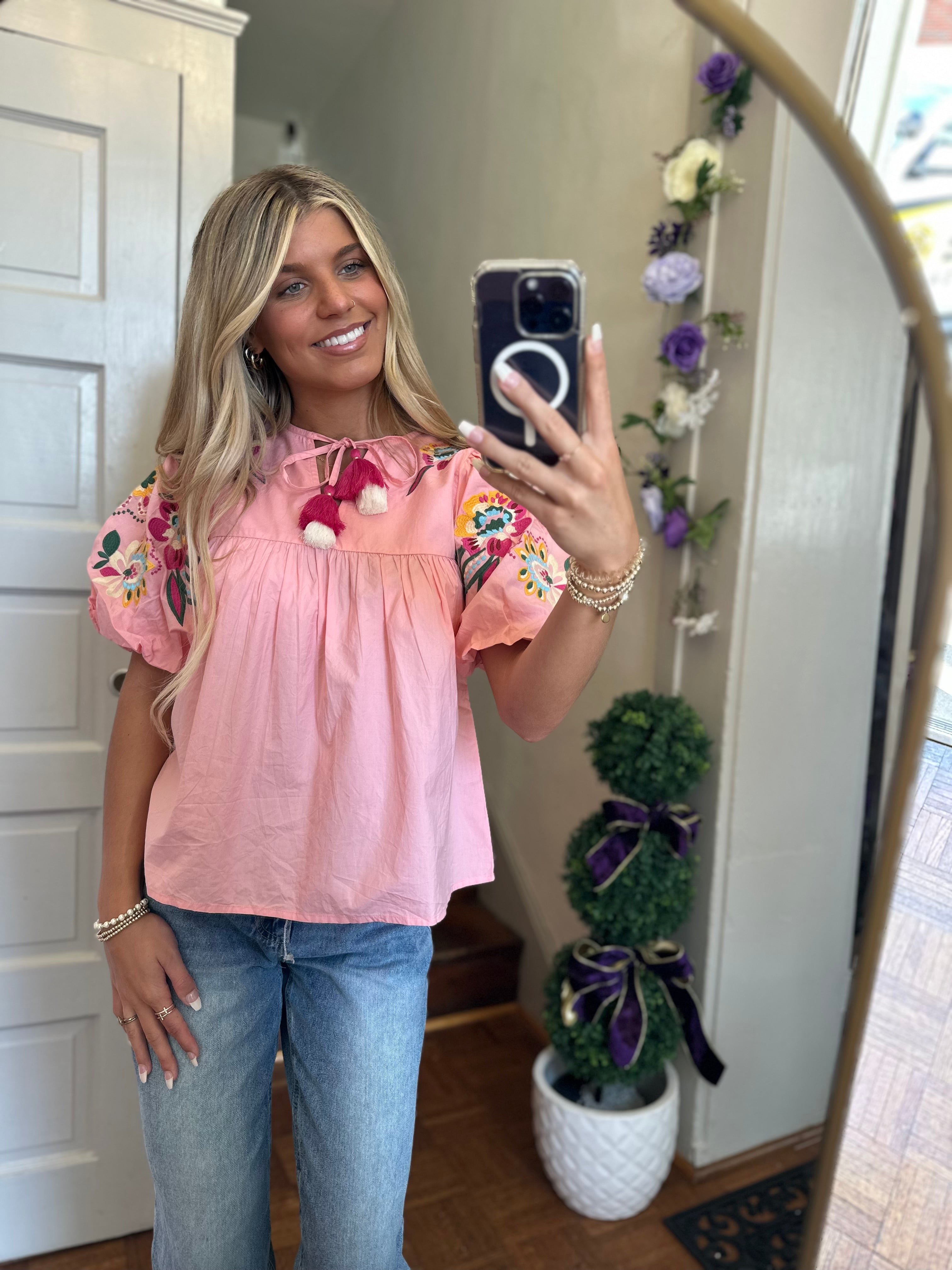 Laken Pink Embroidered Puff Sleeve Top
