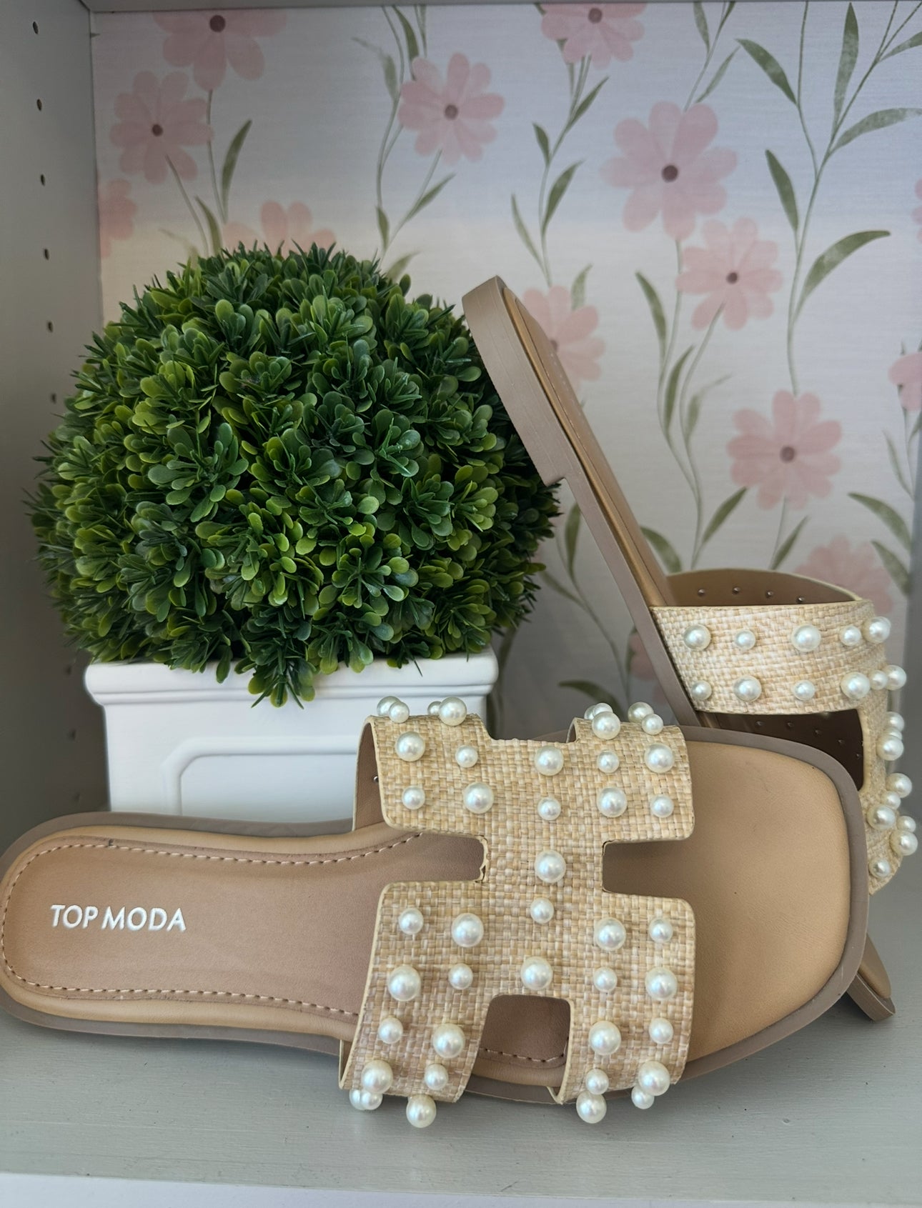 Ivy Pearl Embellished Beige Raffia Sandals