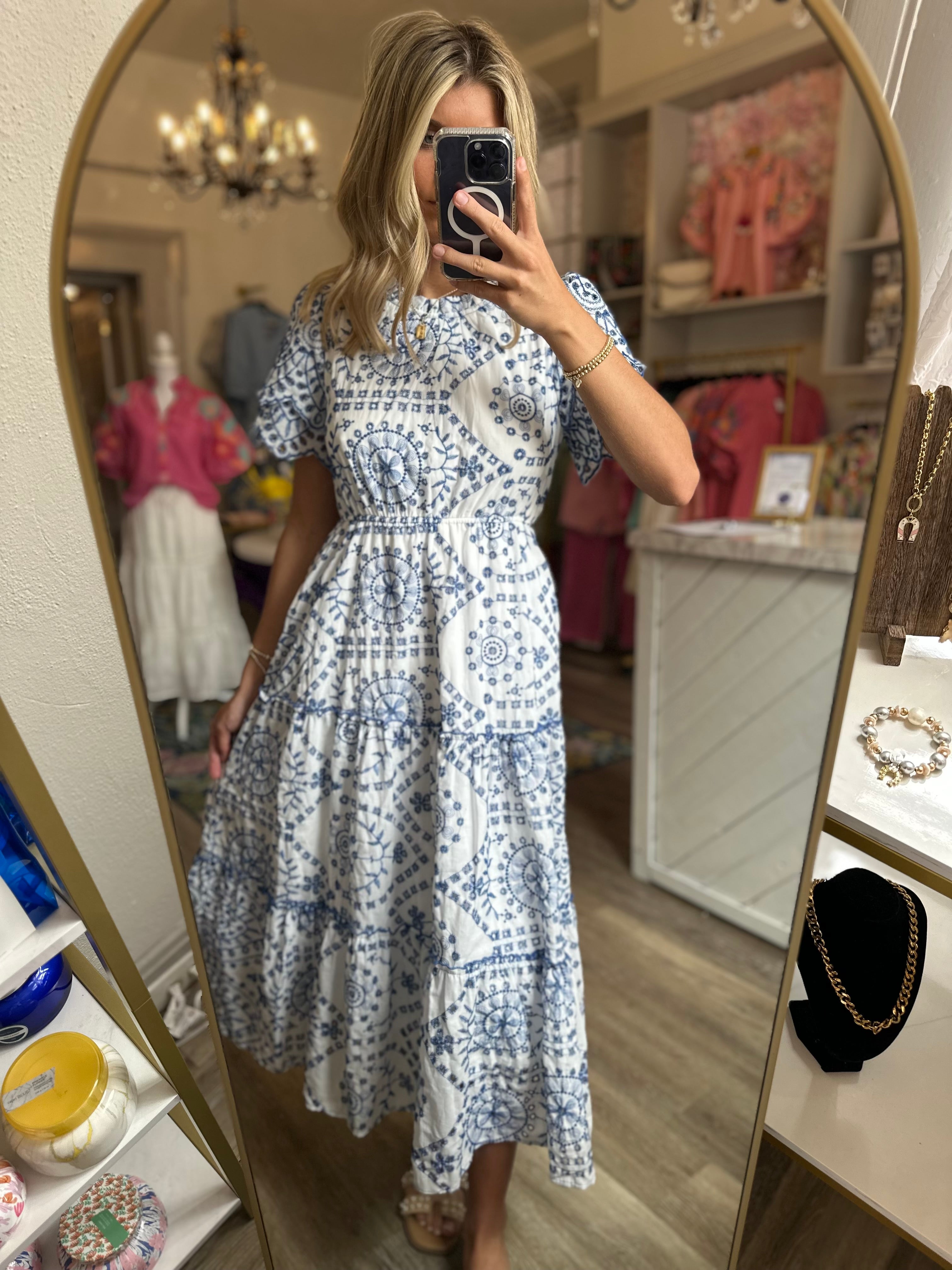 Kenzie Blue And White Eyelet Dress
