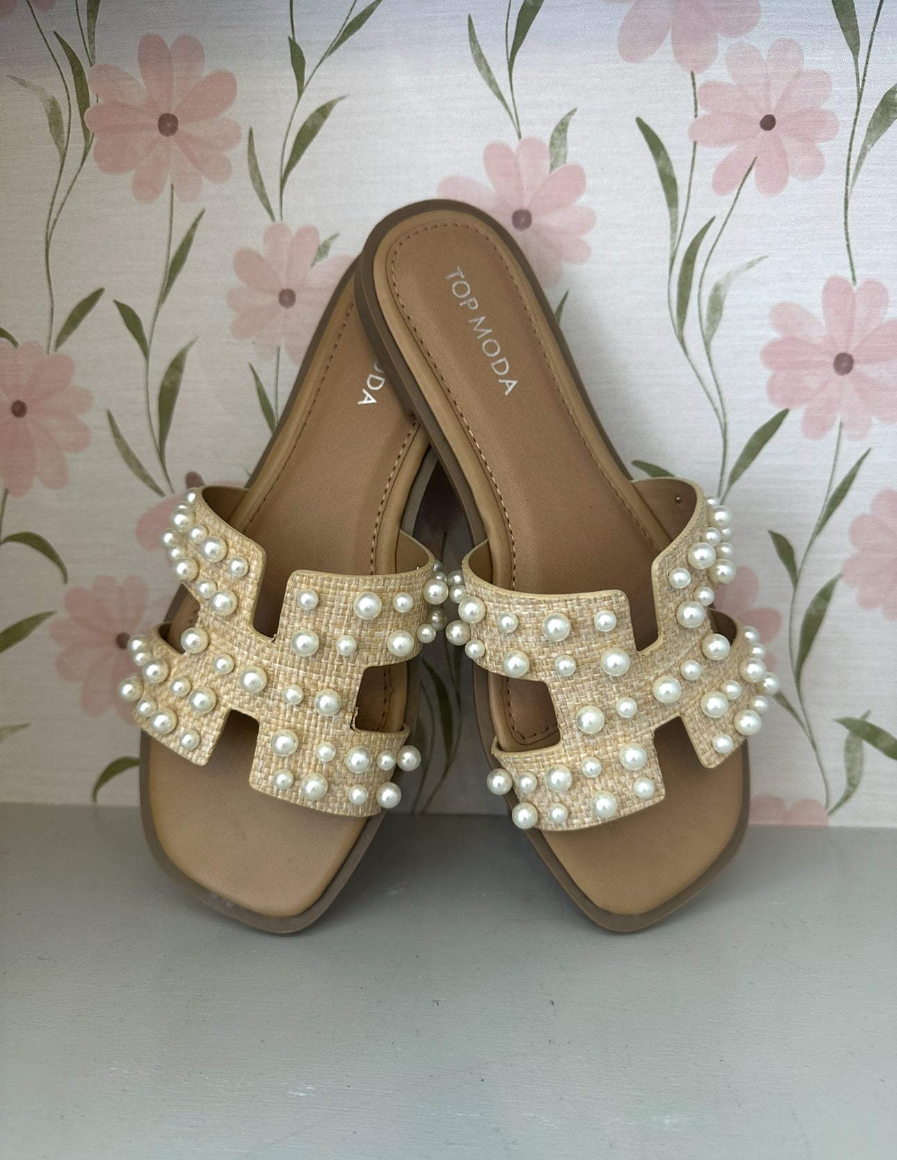 Ivy Pearl Embellished Beige Raffia Sandals