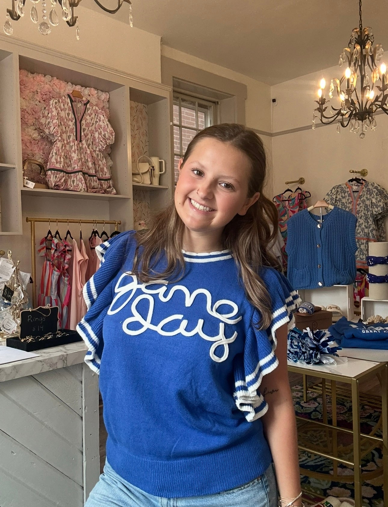 Game Day Blue Knit Ruffle Sleeve Sweater