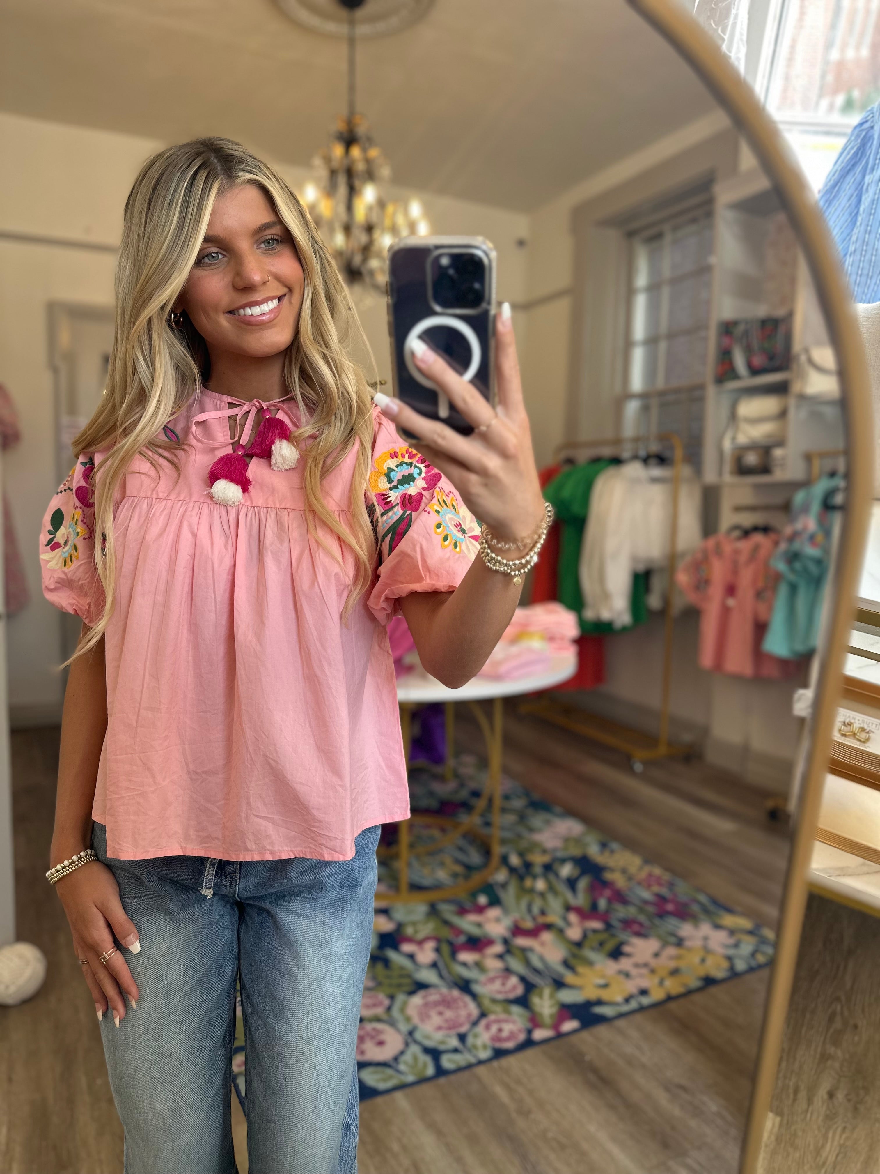 Laken Pink Embroidered Puff Sleeve Top