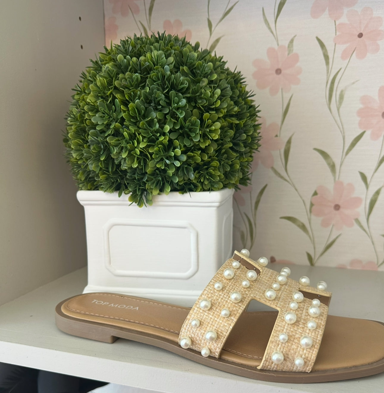 Ivy Pearl Embellished Beige Raffia Sandals