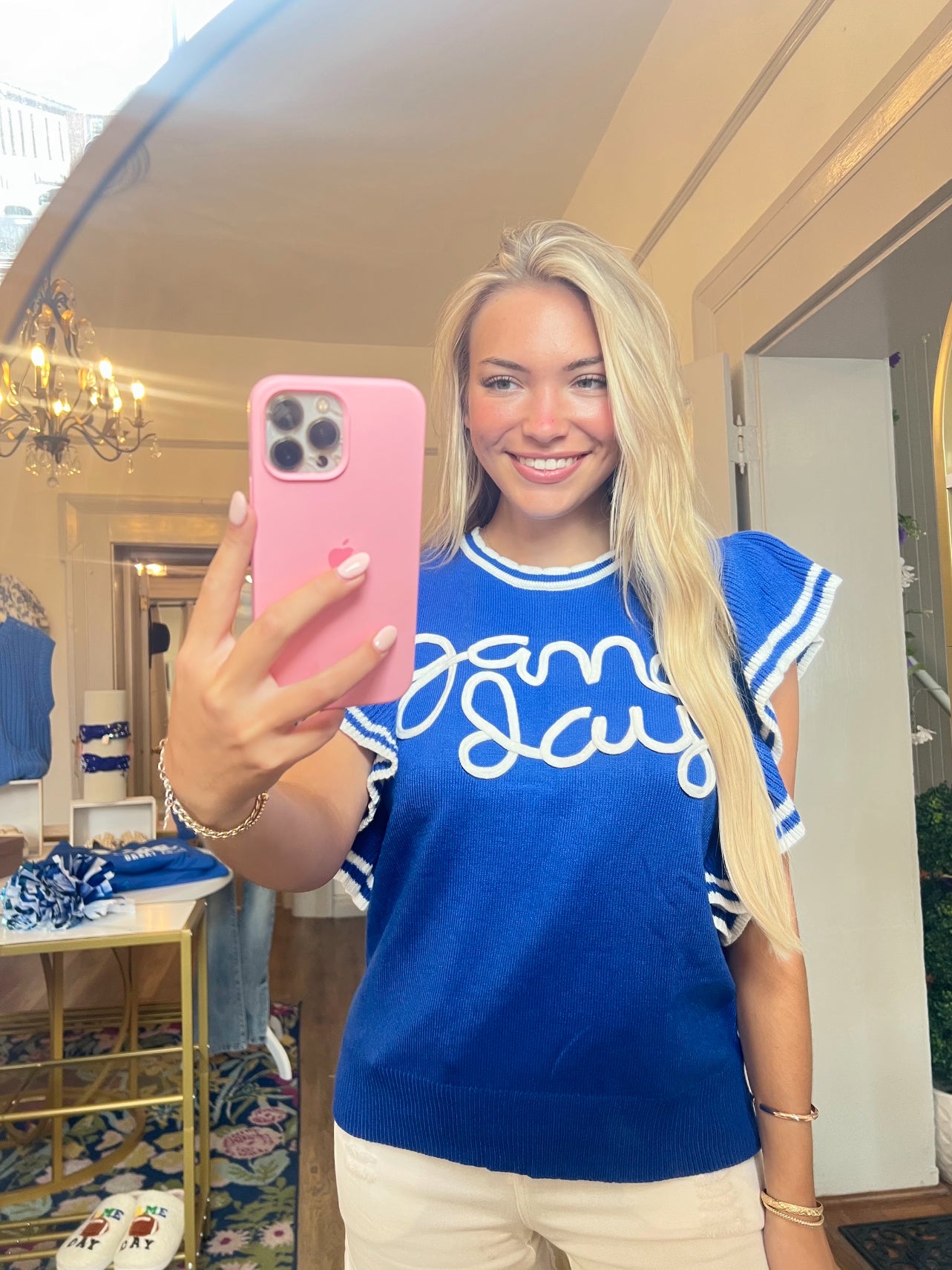 Game Day Blue Knit Ruffle Sleeve Sweater